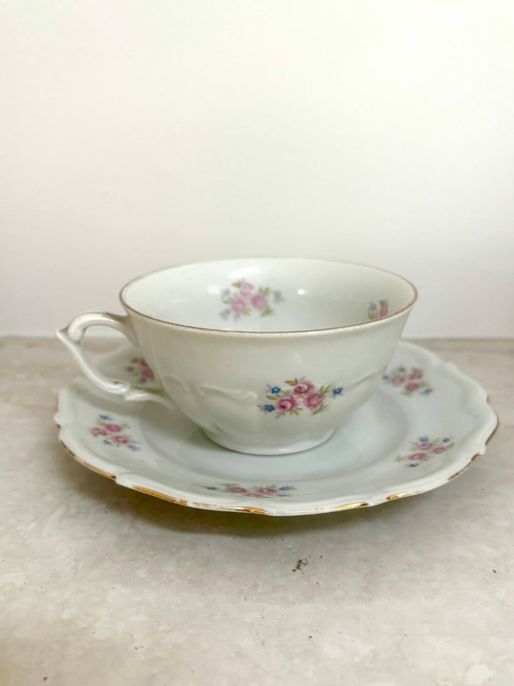 Vintage Carl Tielsch Altwasser Porcelain Teacup & Saucer Pink Rose Floral